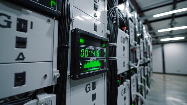 Multiple energy storage units arranged on shelving and connected to large uninterrupted power supply battery system