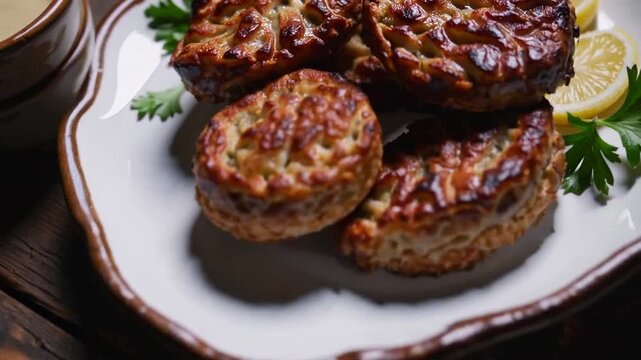 Arabic cuisine: meat appetizer kibbeh closeup on plate Arabic cuisine: meat appetizer kibbeh close-up on plate. Horizontal view from above food