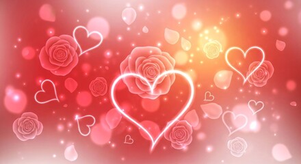  Romantic abstract red roses and glowing hearts on soft background, elegant love design.