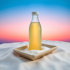 Clear glass bottle with yellow liquid on white textured surface against colorful sky image