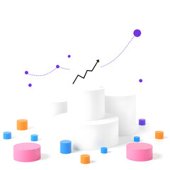 Colorful abstract cylinders and growth chart on white background blue business