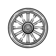 Fototapeta premium Illustration of a vintage wooden wheel with spokes and circular design on a white background drawing style