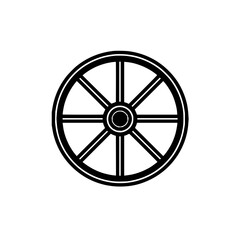 Fototapeta premium Illustration of a black and white wagon wheel with spokes and a central hub on a white background