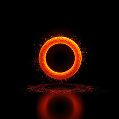 Glowing orange ring with particle splash and reflection on black neon