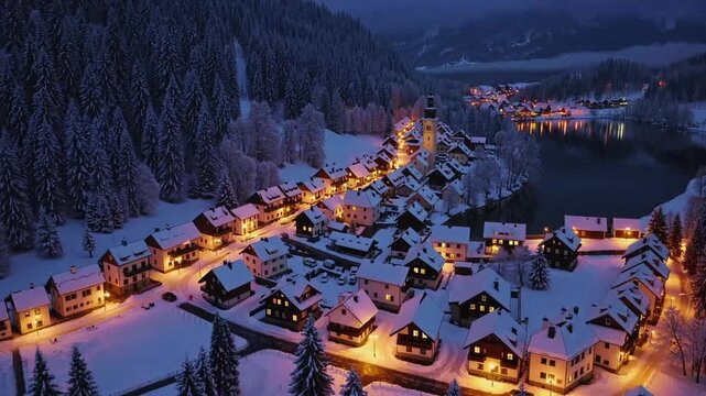 Overhead perspective of lit-up dwellings in enchanted hamlet in snowfall, woodland, Jasna body of water, pathway illuminations at winter nighttime. Top-down view of high mountains in mist, snow-cover