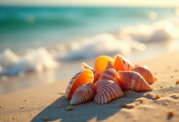 Obraz premium vibrant seashells clustered sandy shore radiating color texture amidst sunlit ocean breeze, sunset, coastal, tropical, marine, nature, driftwood, shoreline