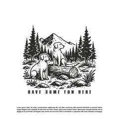 Vintage retro two dog sitting in wild forest mountain vector illustration