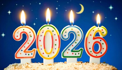 Four colorful 2026 birthday candles with lit flames on a cake, night sky backdrop