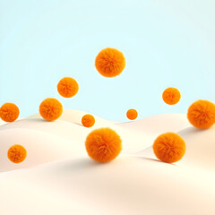 Numerous fluffy orange spheres floating above soft pastel dunes fuzzy pompom