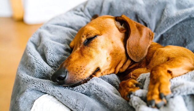 Adorable Dachshund Dog Sleeping Peacefully in a Cozy Bed.