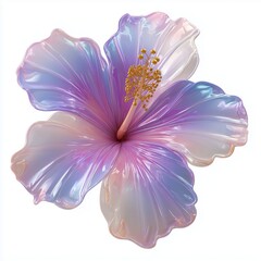 A close-up, detailed, and vibrant image of a translucent, iridescent hibiscus flower, showcasing its intricate petals and delicate stamen.