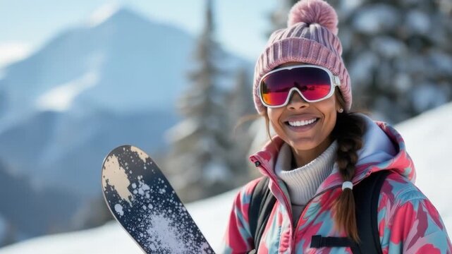 Smiling African American woman snowboarder in ski goggles with snowboard on snowy mountain slope. Perfect for winter sports, travel, and lifestyle themes.