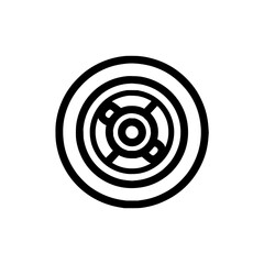 A stylized black and white illustration of a circular object with concentric rings and inner design elements