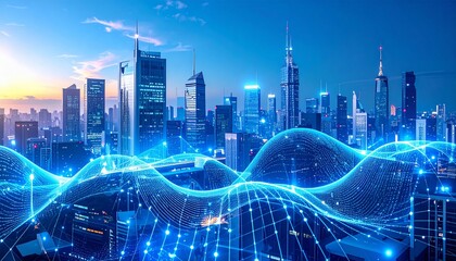 Abstract night cityscape background with Futuristic Big Data & AI Neural Networks, Deep Learning, and Advanced Analytics in a Digital World