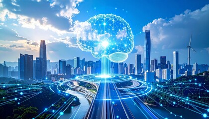 Abstract night cityscape background with Futuristic Big Data & AI Neural Networks, Deep Learning, and Advanced Analytics in a Digital World