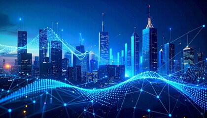 Abstract night cityscape background with Futuristic Big Data & AI Neural Networks, Deep Learning, and Advanced Analytics in a Digital World