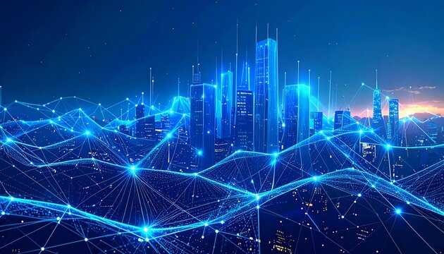 Abstract night cityscape background with Futuristic Big Data & AI Neural Networks, Deep Learning, and Advanced Analytics in a Digital World - Powered by Adobe