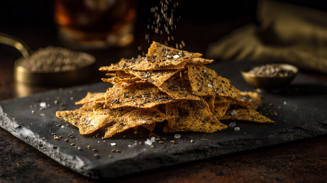 Crispy quinoa chips with cumin seeds and sea salt on a dark slate board. Rustic food photography with dramatic lighting and texture - Powered by Adobe
