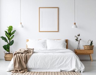 Bright White Bedroom with Wooden Bed Frame and Plants in Wicker Baskets Interior
