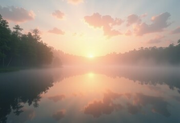 Fototapeta premium serene sunrise over misty lake surface tranquil water reflection nature landscape peaceful dawn atmosphere, pink, orange, sky, clouds, morning, lily, leaf