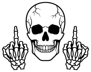 Skull with Skeleton Hands Showing Middle Fingers