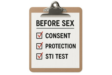 Checklist for safe sex, including consent, protection, and STI testing, promoting responsible sexual health