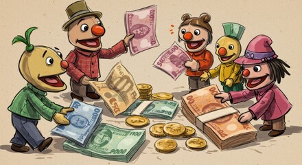 Puppets with Money and Coins Illustration