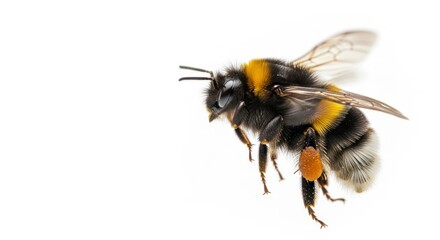 A detailed close-up of a bumble bee in flight against a plain white background, showcasing its intricate patterns and delicate wings.