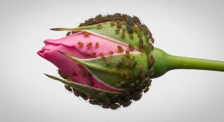 Pink rosebud heavily infested with tiny insects soft light studio shot. AI Generated