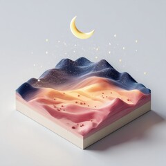 Miniature desert landscape diorama with undulating dunes under a crescent moon and sparkling stars, showcasing a serene night sky.