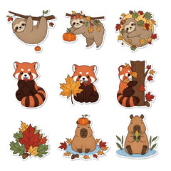 Fototapeta premium Collection of Cute Animals, Autumn creatures, Fall-themed leaves, Thanksgiving, Cozy Forest Sticker journaling, Stickers digital 