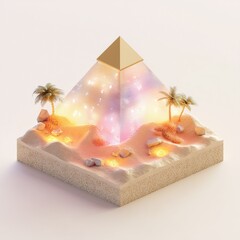 Isometric desert scene with pyramid, palm trees, sand, and rocks.