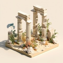 A miniature diorama depicting ancient Greek ruins with weathered columns and lush vegetation.