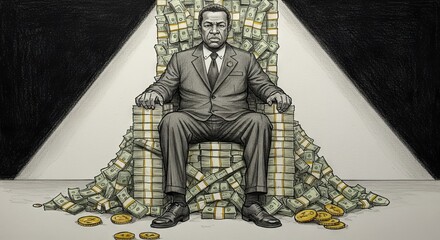 Wealthy Man Sitting on Money Throne