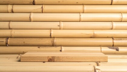 Wooden Platform Showcase on Natural Bamboo Background with Neutral Tone
