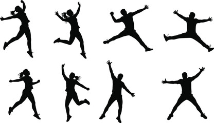 Jumping people silhouette set – energetic man and woman jump poses, vector black icons for fitness, sports, or celebration
