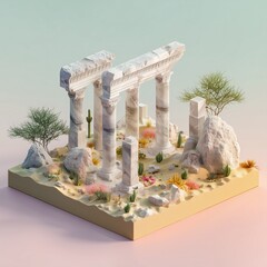 Isometric view of ancient ruins with columns and desert vegetation.