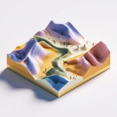A colorful, abstract 3D diorama showcasing a winding river flowing through a mountainous landscape with diverse terrain.