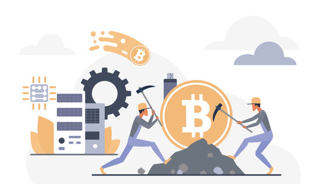 Digital miners working pickaxes bitcoin coin servers cloud elements represent cryptocurrency mining blockchain technology digital finance isolated white background vector illustration.
