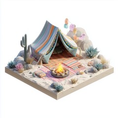 Cozy desert campsite with striped tent, campfire, and succulents.
