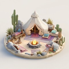 A charming miniature diorama of a cozy desert glamping campsite with a bell tent, campfire, and cacti.