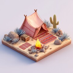 A charming desert campsite scene with a pink tent, campfire, and desert plants, rendered in a low-poly isometric style.