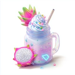 A vibrant dragon fruit smoothie in mason jar with whipped cream and sprinkles.