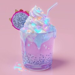 A whimsical pastel pink dragon fruit smoothie topped with whipped cream and iridescent glowing drizzle.