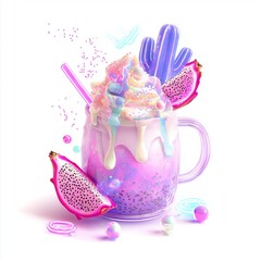 Whimsical pastel dragon fruit drink with whipped cream, sprinkles, and a purple cactus decoration, set against a white background.