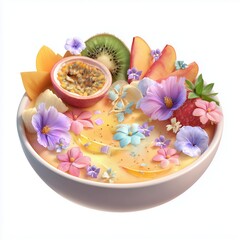 A vibrant and colorful fruit bowl, adorned with fresh fruits and edible flowers, creating a visually appealing and healthy dish.