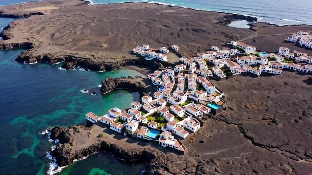 Aerial drone view of Puertito village and the natural pool lagoons on the island of Lobos near Corralejo in Fuerteventura, Spain