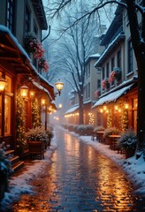 Obraz premium enchanting winter street scene rain snow blend urban atmosphere cozy glow soft embers festive vibes, holiday, city, blur, umbrella, fog, light, traffic