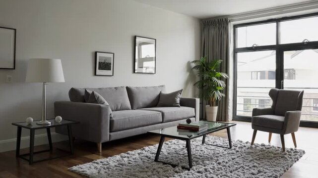 modern lounge area with streamlined and contemporary couch and comfortable chair in two-story home