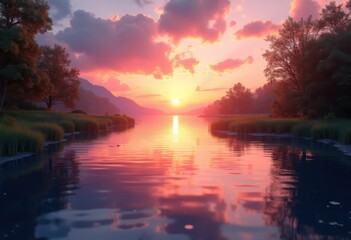 Obraz premium vibrant sunset reflections tranquil water serene landscape calm emotion scenic beauty evening light reflection, scenery, nature, sky, cloud, sea, shore, lake